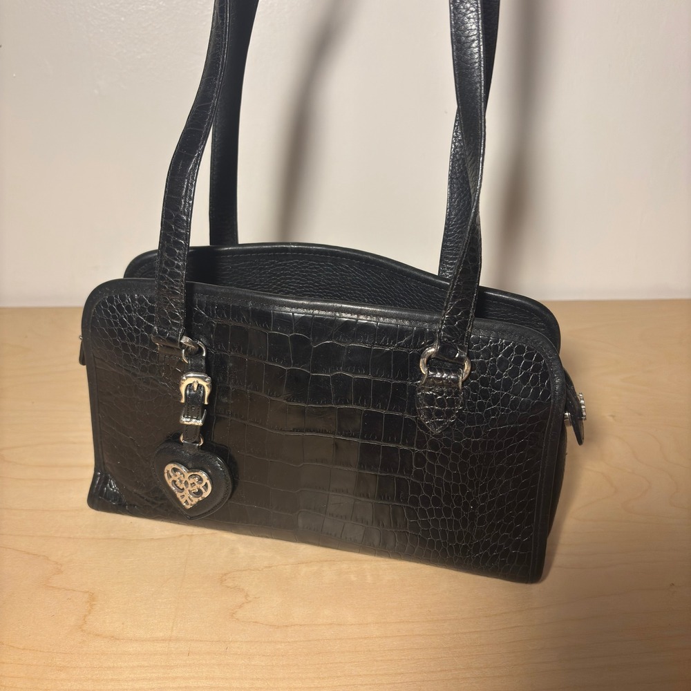 Vintage Brighton Shoulder Bag Black Croc Embossed Heart Charm Purse Silvertone